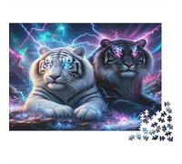 White & Black Tiger Premium 1000 Pieces Thick Cardboard Puzzle Neon Lightning for Older Children 12+ Anxiety Relief Indoor Activity 52x38cm/1000pcs