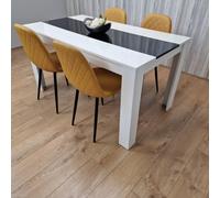 White Black Wooden Dining Table with 4 Mustard Stitched Leather Chairs