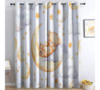 White Blackout Curtains Watercolor Teddy Bear Moon Clouds 36” W x 84” L x 2 Panels 3D Eyelet Thermal Insulated Curtains, for Kids Teens Boys Girls Bedroom Playroom