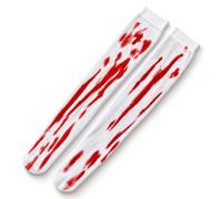 White Blood Stained Over Knee Stockings, Halloween Zombie Costume Socks | White Stretchable Costume Socks with Red Blood Effect, for Halloween Zombie Looks, Fancy Dress, Theatrical Outfits & Parties