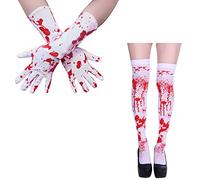 White Blood Stained Stockings and Halloween Blood Gloves, Elastic Bloody Socks, Fancy Dress Over Knee Zombie Schoolgirl Stockings, Hold Up Tights for Women