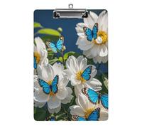 White Blooms Blue Butterflies Clipboard, A4 Acrylic Clipboard with Hanging Hole, Ultra-Light Clip Board - Holds 100 Sheets, Shatterproof Document Holder for Office, 12.5" X 8.5"
