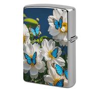 White Blooms Blue Butterflies Lighter Case Metal Protective Cover with Double-Sided Art Design, Cool Lighters Pouch Shockproof Lighter Cover for Men Women Gifts, Lighters Not Included