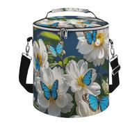 White Blooms Blue Butterflies Lunch Bag, 15L Portable Leakproof Picnic Basket with Shoulder Strap, Insulated Picnic Cooler Bag for Camping, Beach, Hiking & Groceries