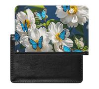 White Blooms Blue Butterflies Passport Holder with 3 Card Slots, Portable PU Leather Travel Wallet, Slim Protective Cover for Passport, ID, Credit Cards