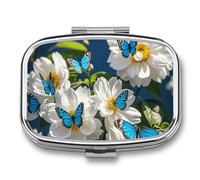 White Blooms Blue Butterflies Pill Box 2 Compartment - Small Metal Medicine Organizer Portable Pill Case for Purse Pocket Travel Vitamin Organizer for Men Women, BPA-Free