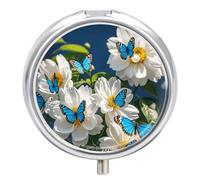 White Blooms Blue Butterflies Pill Box Waterproof Portable Medicine Pill Case Moisture Proof Metal Travel Pill Box with 3 Compartment Medicine Case