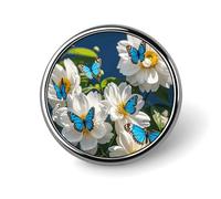 White Blooms Blue Butterflies Round Lapel Pins Backpack Pin Cute Brooch Decoration Brooches for Women Men Fashion Button Badges for Hat Backpacks Purses Jackets Shirt Suit