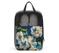 White Blooms Blue Butterflies Shoe Bag Waterproof & Breathable Shoe Pouch for Travel, Portable Carry Case for Sports Sneakers, Gym, Vacation