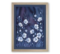 White Blooms in Blue Botanical Framed Wall Art Print A1 (84.1×59.4cm) Oak, Wall Decor for Living Room, Bedroom, Office & Home, Ready to Hang, Art Gift