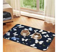 White Blooms with Blue Butterflies print Cats Pet Bowl Placemat Pet Feeding Mats for Dogs, Non-Slip PU Leather Tablecloth for Pets