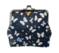 White Blooms with Blue Butterflies print Coin Purse, Mini Change Purse for Women Small Coin Purse for Credit Card ID Key, Black, One Size, Vintage