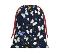 White Blooms with Blue Butterflies Print Drawstring Present Bag Wrapping Reusable Bag Present Wrap Bags for Christmas