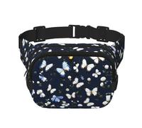 White Blooms with Blue Butterflies print Fanny Pack Purse with Adjustable Strap Square Double Layer Waist Bag Belt Unisex Everywhere