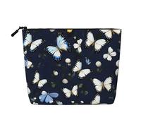 White Blooms with Blue Butterflies Print Makeup Bag Cute Cosmetic Bag for Women Makeup Pouch Travel Toiletry Bag for Lady