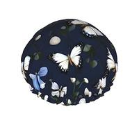 White Blooms With Blue Butterflies Reusable Shower Cap,Double Layer Water Shower Non Wetting Hair Cap,Large Size For All Hair Lengths