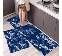 White Blue Cherry Blossoms Kitchen Rug Set 2 Pieces Non Slip and Anti Fatigue Mat Set, Washable New Chinese Style Floral Patterns Kitchen Floor Mat, Indigo Blue Standing Mats for Home 50x80cm+50x150cm