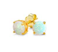 White Blue Created Opal Round Solitaire Stud Earrings Basket Set Gold Plated Sterling Silver 6MM October Birthstone
