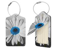 White Blue Daisy Luggage Tag 2 PCS PU Leather Suitcase Tags Identifiers Travel Tags with Privacy Protection and Stainless Steel Loop Luggage Bag Tag for Women Men