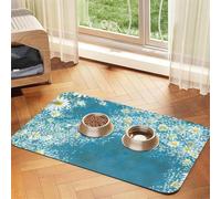 White Blue Daisy Print Pet Food Mat Absorbent Non Slip PU Leather Feeding Mat for Dogs Cats Rubber Bottom