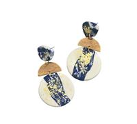 White-Blue Gold-Foil Fan & Circular Pendant Earrings, Women's Acrylic Pendant Earrings, Women's Jewelry Gift Ear Drops