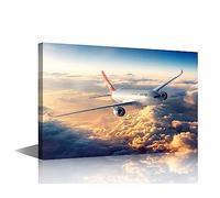 White Blue Pictures for Home Wall Aircraft Paintings 1 Panel Artwork Airplane Flying Over Sky Canvas Print Modern Home Decoration Giclee Wooden Framed Gallery-Wrapped Ready to Hang(16"Wx24"H)