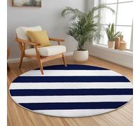 White Blue Round Area Rugs for Living Room - Soft Flanell Material, Simple Navy Stripes Printed Easy Care Low Pile Carpet, 90 cm Washable Non Slip Circle Rug for Dining Room Lounge Kitchen