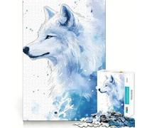 White Blue Wolf Watercolor Jigsaw 1000 Pieces for Teenagers Memory Train Fun Clean Seamless Connection Relaxing Indoor Group Activity (38x26cm)