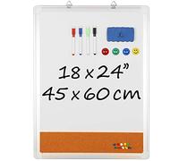 White Board Cork Board Combo - 18x24 in Dry Erase Board with Cork and 1 Magnetic Eraser, 4 Dry Wipe Markers, 4 Magnets and 10 Pins - Wall Hanging Whiteboard with Corkboard for Home and Office