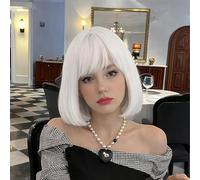 White Bob Wig with Bangs (Can Be Trimmed) Straight Short Synthetic Wig for Women Cosplay Party Halloween Daily Anime Costume Events Wear (White)