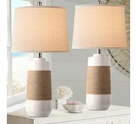 White Boho Ceramic Lamps with Rope for Living Room Set of 2 Nautical Rattan Coastal Bedside Table Lamps for Bedroom Beach Nightstand Lamps with 2 Bulbs