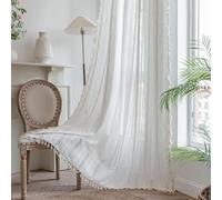 White Boho Curtains 84 Inches Long 2 Panels Linen Curtains for Living Room Cream Chic Linen Embroidered Semi Blackout Curtains for Bedroom Bohemian Farmhouse Window Treatment Drape Vintage Tassels