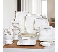 White Bone China Tableware Set, 50-Piece Square Tableware Set, Microwave and Dishwasher Safe, 10-Person Luxury Tableware, Housewarming and Wedding Gift
