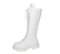 White Boots for Women UK Round Toe Platform Wide Calf Boots Soft Comfy Lining Lace up Combat Shoes with Zipper Mid Calf Combat Boot PU Leather Side Zipper Punk Boot