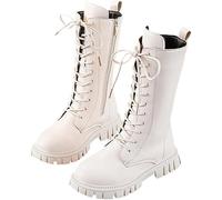 White Boots Girls Lace Up Riding Mid Calf Combat Boots Leather Waterproof Fall Winter Side Zipper Punk Goth Boot Cowgirl Fleece Lined Solid Fashion Punk Non Slip
