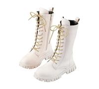 White Boots Kids, Combat Boots for Girls UK, Lace Up Riding Mid Calf PU Leather Waterproof Shoes Fall Winter Side Zipper Punk Goth Boot Non Slip Round Toe Lug Sole Chunky Heels Cowgirl Footwear