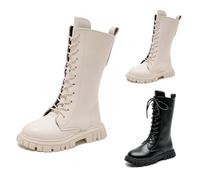 White Boots Kids, Combat Boots for Girls UK, Lace Up Riding Mid Calf PU Leather Waterproof Shoes Fall Winter Side Zipper Punk Goth Boot Non Slip Round Toe Lug Sole Chunky Heels Cowgirl Footwear