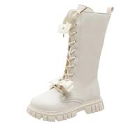 White Boots Kids Girls Knee-High Boots Lace Up Riding Boot with Side | Zippers School Shoes for Kids Mid Calf PU Leather Cowboy Boot Knee-High Bootie with Gold Laces Easy to Put On