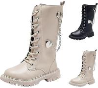 White Boots Kids Girls Lace Up Riding Mid Calf Combat Boots Leather Waterproof Fall Winter Side Zipper Punk Goth Boot Cowgirl Fleece Lined Solid Fashion Punk Non Slip