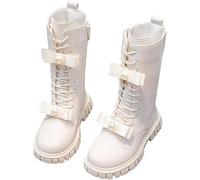 White Boots Women Girls Lace Up Riding Mid Calf Combat Boots Leather Waterproof Fall Winter Side Zipper Punk Goth Boot Cowgirl Fleece Lined Solid Fashion Punk Non Slip