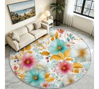 White Botanical Leaf Round Rug 120 cm, Modern Washable Floor Carpet | Minimalist Foliage Circle Mat, Non-Slip Rubber Grip Backing, Soft Low Pile Decorative Rug for Sunroom & Living Room