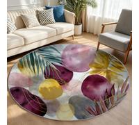 White Botanical Round Rug 160 cm, Boho Palm Leaf Gold Geometric Carpet | Low Pile Non-Slip Circle Floor Mat, Elegant Washable Botanical Area Rug for Living Room Bedroom Dining Room Lounge Decor