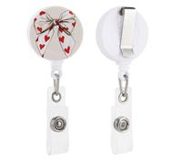 White Bow with Red Hearts Pattern Retractable Badge Holder Reel Clip ID Card Holder for Doctor Nurse Student Office Worker