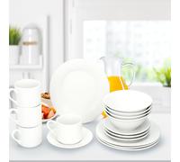 alpina Plates and Bowls Set Breakfast - Plate Set 4 Persons - Earthenware Tableware - Breakfast Plates, Bowls, Mugs and Saucers - Microwave and Dishwasher Safe - White