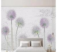 White Brick Wall Hand Painted Purple Dandelions 3D Wallpaper Easy Install Feature Office Living Room Sofa Bedroom TV Background Wall Decoration-150cm×105cm