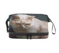 White British Shorthair Cat Double Layer Cosmetic Bag for Women and Girls, Travel Toiletry Bag Makeup Handy Pouch Organiser Bag with Brush Compartment