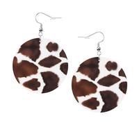 White brown cowhide pattern round earrings Pendant 2 pieces Stylish and light Lightweight Dangle for Women Girls, One Size, Leather, No Gemstone