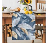 White Brown Feather Table Runner 13x108 Inches Long Oil Painting Simple Blue Style Abstract Cotton Linen Table Runner Burlap Style for Dinner Table Party Decor Tabletop Decorations