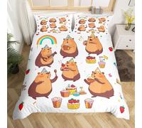 (White Brown Yellow, Single(No Comforter)) Kids Cartoon Capybara Double Duvet Cover,Dessert Strawberry Cake Bedding Set Starry Sweet Donut Comforter Cover Cute Animals Lovers Bed Cover,Pink