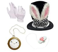 White Bunny Costume Accessory Set, Plush Ears, Headpiece, Bobble Hat, Carrot Watch, Nose Appliqué Gloves, 4-Piece Set for Adult Costumes